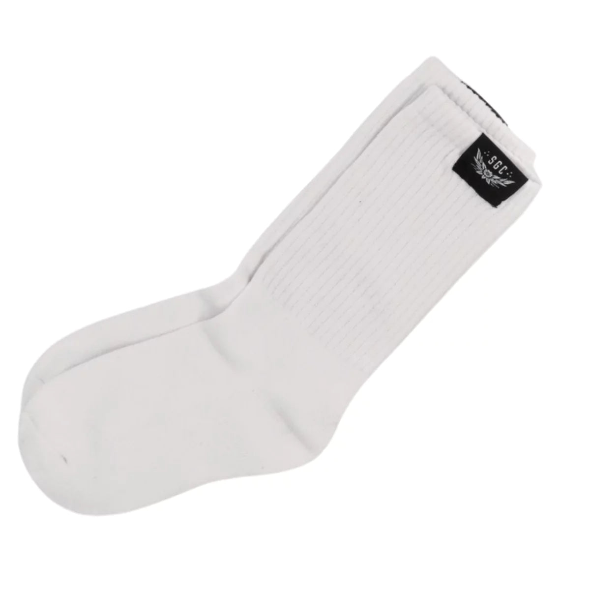 White crew socks with a black Smoking Gun label
