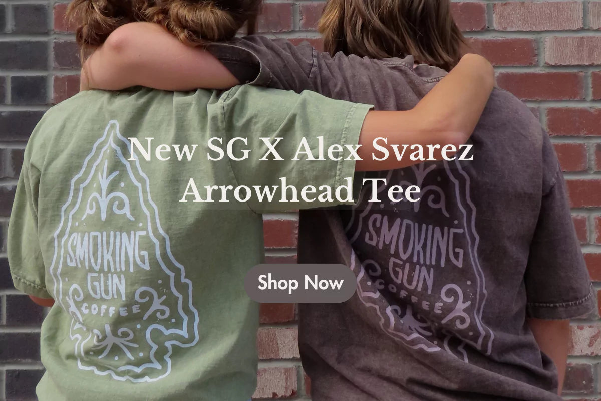 New Smoking Gun T-shirt featuring an arrowhead design by Alex Svarez. Available in multiple colours. Shop now. 